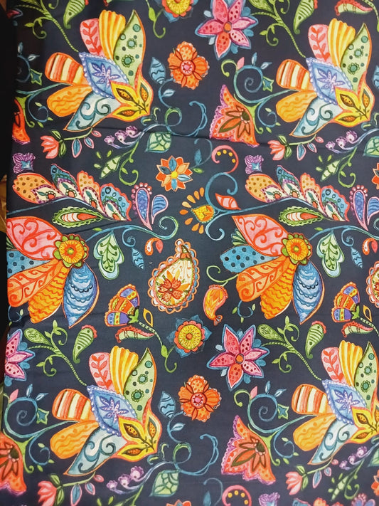 Flores y hojas gr sobre azul